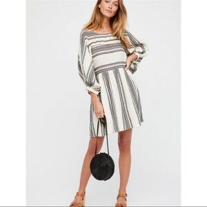 Free People Lilly Oversized Stripe Balloon Sleeve Cream Grey Mini Dress